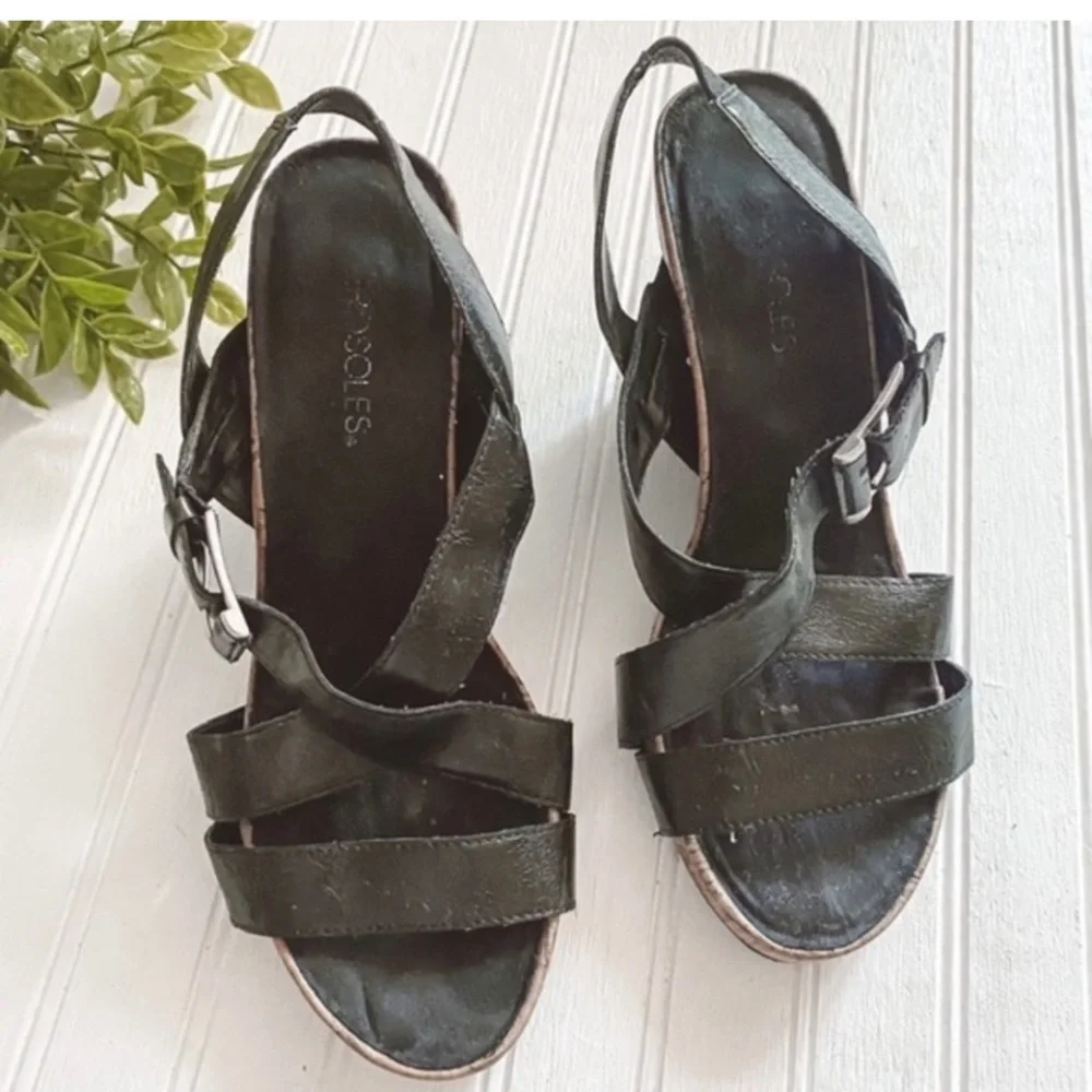 🍉 Sz 8.5 Aerosoles Wedge Cork Sandal Strappy Black